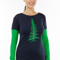 Long Sleeved Navy and Green Pine Top