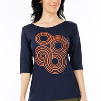 Blue and Orange Circles 3/4 Sleeve Top