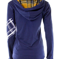 Dark Blue with White Plaid Print Hoodie