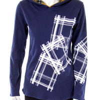Dark Blue with White Plaid Print Hoodie