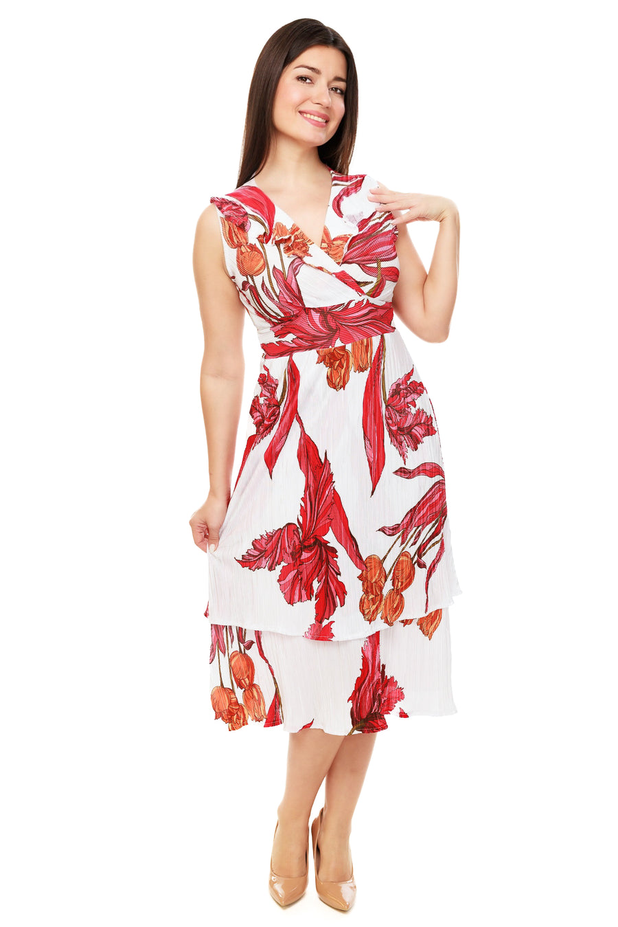 Red Orange Tulip Ruffle Neck Dress