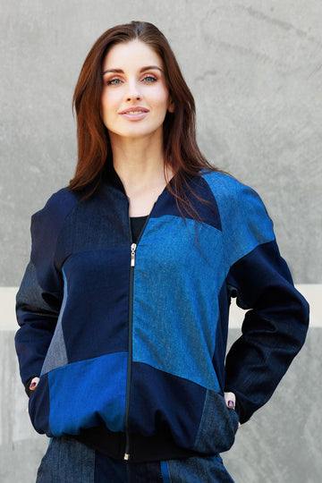 Denim Patchwork Bomber Jacket