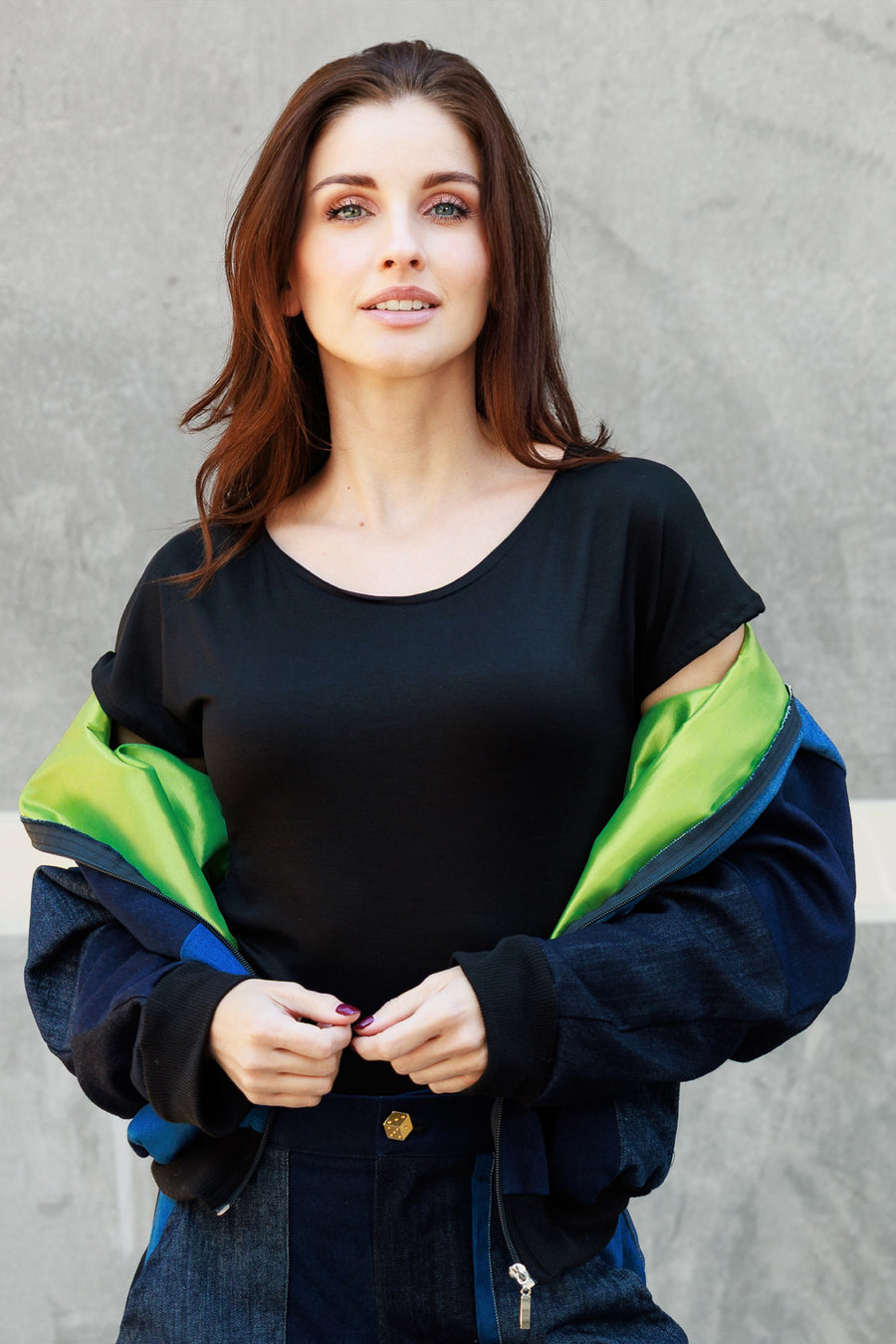 Denim Patchwork Bomber Jacket