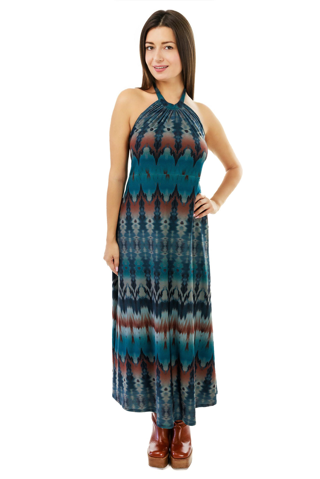 Teal and Rust Long Halter Dress