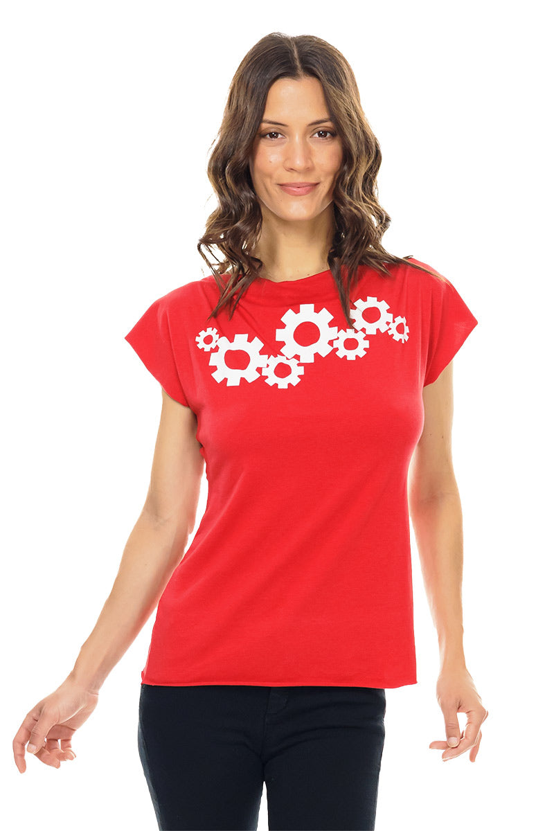 Red and White Gears in Motion Cowl Neck Top