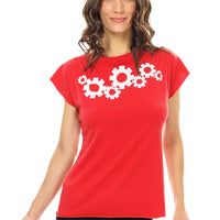 Red and White Gears in Motion Cowl Neck Top