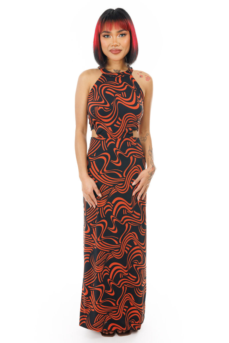 Racetrack Ribbon Cut-Out Halter Dress