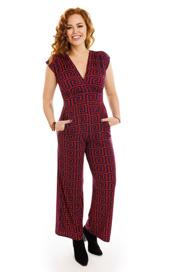 Red and Navy Geo-Swirl Jumpsuit
