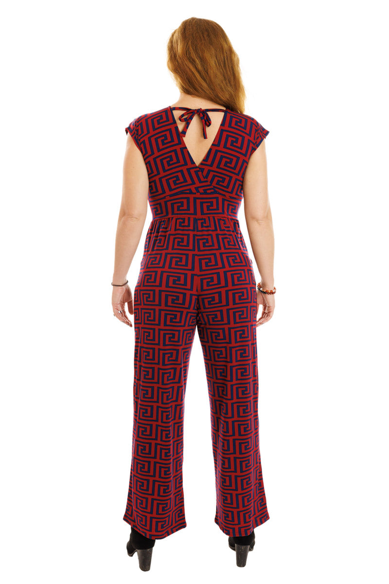 Red and Navy Geo-Swirl Jumpsuit